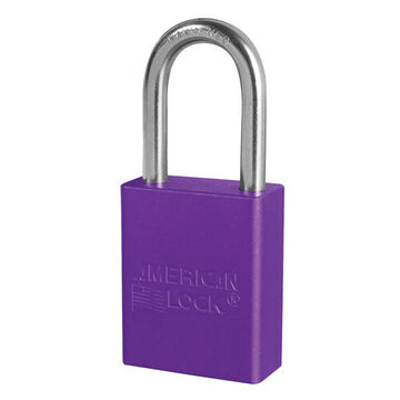 Cadenas de sécurité, manille 1/4 pouce x 25/32 pouce x 1-1/2 pouce, corps 1-1/2 pouce x 1-7/8 pouce, manille en alliage de bore chromé, corps en aluminium anodisé, violet, type ouvert Manille, clé identique