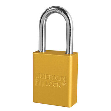 Safety Padlock, 1/4 in x 25/32 in x 1-1/2 in Shackle, 1-1/2 in x 1-7/8 in Body, Chrome Plated Boron Alloy Shackle, Anodized Aluminum Body, Yellow, Open Type Shackle, Different Key