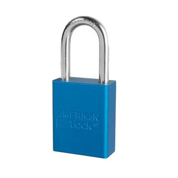 Safety Padlock, 1/4 in x 3/4 in x 1-1/2 in Shackle, 1-1/2 in x 1-7/8 in Body, Chrome Plated Boron Alloy Shackle, Anodized Aluminum Body, Blue, Open Type Shackle, Alike Key