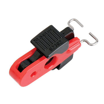 Pin-in Toggles Miniature Circuit Breaker Lockout, Black, Red, Steel, Plastic, 2-2/5 in x 4-1/2 in x 45/64 in