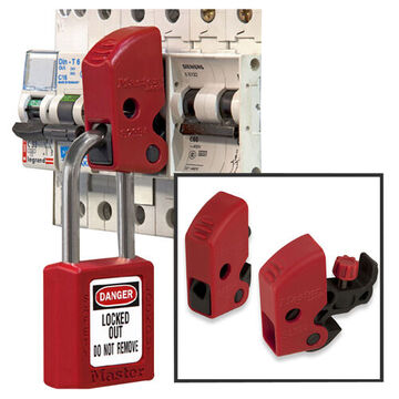 Universal Fit Miniature Circuit Breaker Lockout, Black, Red, PBT, Stainless Steel, Thermoplastic, 11/16 in x 2-5/64 in x 1-3/16 in
