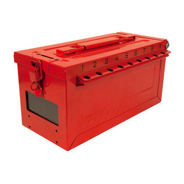 Portable Lock Box, 6-27/64 in x 5-43/64 in x 12 in, Red, 430 Stainless Steel, With (19) Lockout Holes, Removable Cup, Key Window