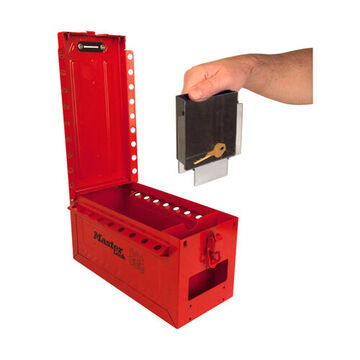 Portable Lock Box, 6-27/64 in x 5-43/64 in x 12 in, Red, 430 Stainless Steel, With (19) Lockout Holes, Removable Cup, Key Window