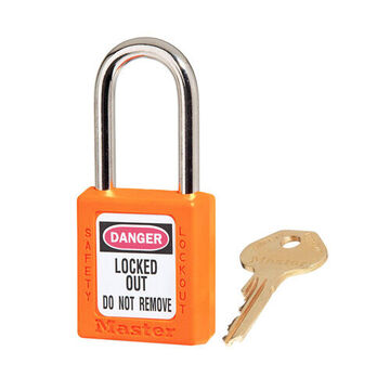 Safety Padlock, 1/4 In X 25/32 In X 1-1/2 In Shackle, 1-1/2 In X 1-3/4 In Body, Hardened Steel Shackle, Thermoplastic Body, Orange, Open Type Shackle, Different Key