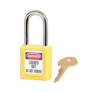 Safety Padlock, 1/4 In X 25/32 In X 1-1/2 In Shackle, 1-1/2 In X 1-3/4 In Body, Hardened Steel Shackle, Thermoplastic Body, Yellow, Open Type Shackle, Different Key