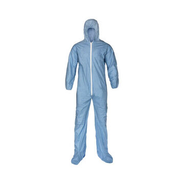 Hooded, Disposable, Flame Resistant Protective Coverall, Blue, 65 Gsm Spunlaced Wood Pulp, Pe 25/cs