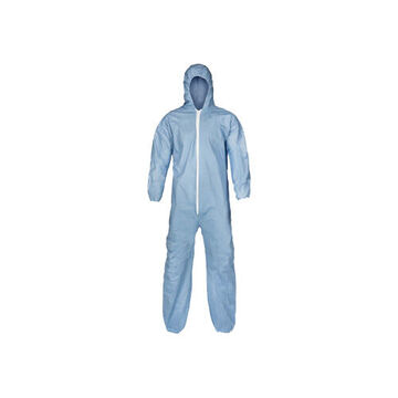 Hooded, Disposable, Flame Resistant Protective Coverall, X-large, Light Blue, 65 Gsm Spunlaced Wood Pulp, Pe With Fr Treatment