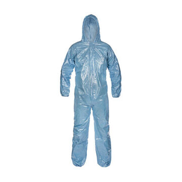 Hooded, Disposable, Chemical And Flame Resistant Protective Coverall, X-large, Sky Blue, Flame Resistant Fabric With 2.5 Mil Clear Pvc Proprietary Film