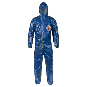 Disposable, Respirator Fit Hood Protective Coverall, 5X-Large, Dark Blue, Fire Resistance Treated Spunlace Non-Woven Substrate with Proprietary Highly Chemically Resistant Barrier Film