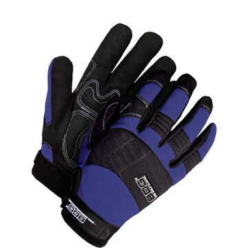 Gants de mécanicien à doigts complets, paume en cuir synthétique, noir/bleu, main gauche et droite, dos de la main en spandex, noyau en néoprène