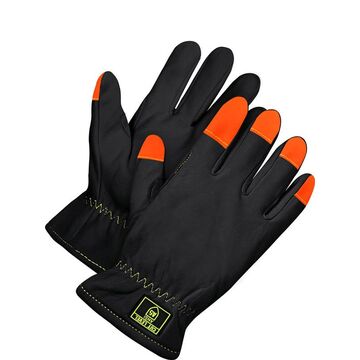 Gants de conducteur, grand, paume en cuir pleine fleur de chèvre, noir, orange, main gauche et droite, coutures en Kevlar