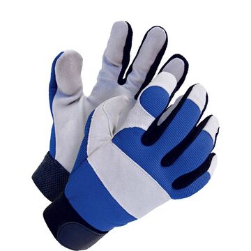 Mécanicien, gants en cuir, très grand, bleu/gris, support en élasthanne