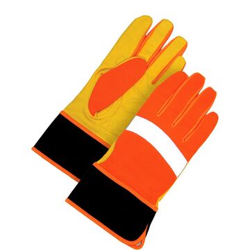 Hi-viz/reflective, Leather Gloves, Fluorescent Orange, Spandex Backing