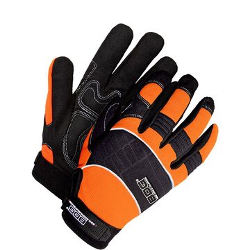 Mechanic, Hi-viz/reflective, Leather Gloves, Orange/black, Spandex Backing