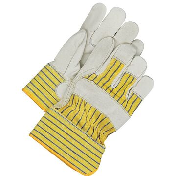 Gloves, Industrial Grade, Leather, White/yellow/blue, Cotton With Knuckle Strap Backing