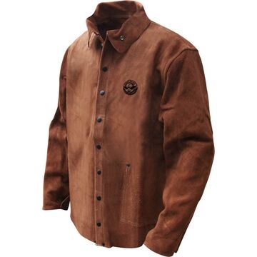 Welding Jacket, Brown, Split Cowhide Leather, Metal Snap