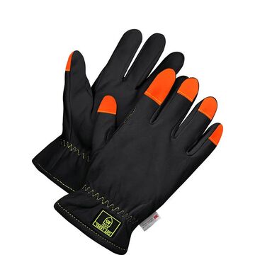 Gants pour conditions froides, moyen, paume en cuir de chèvre pleine fleur, noir/orange, main gauche et droite, cuir pleine fleur de chèvre, protection TPR