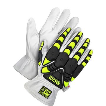 Gants d'hiver, paume en peau de chèvre pleine fleur, haute visibilité noir/blanc/jaune, dos de la main en TPR