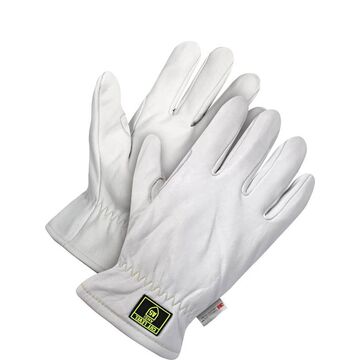 Driver Gloves, Goatskin Grain Leather Palm, White, Reinforced Thumb Saddle, Tpr Back Hand