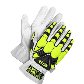 Gants de conducteur, paume en cuir fleur de chèvre, noir/blanc/jaune, selle de pouce renforcée, dos de la main en TPR