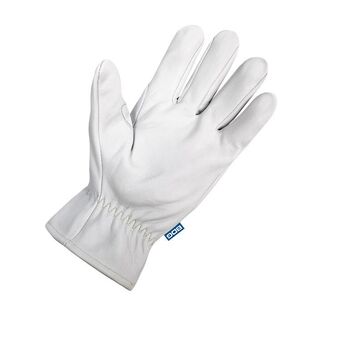 Driver Gloves, Goatskin Grain Leather Palm, Black/white/yellow, Reinforced Thumb Saddle, Tpr Back Hand