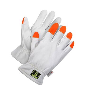 Gants, 3X-Large, paume en cuir de chèvre grainé, blanc/orange, main gauche et droite, selle de pouce renforcée