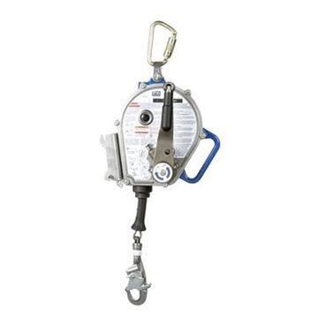 Self-Retracting Lifeline, Aluminum and Stainless Steel Housing, Blue, Gray, 3/16 in x 50 ft, 420 lb, 3