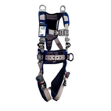 Positioning/Climbing and RetrievalSafety Harness, Medium, Aluminum D-Ring, Zinc Plated Steel BuckleBlue, Gray, 420 lb