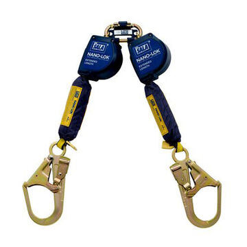 Extended Length Twin-leg Self-Retracting Lifeline, Fiber and Polyester Web Lifeline, Zinc Plated Steel Hook, 3/4 in x 9 ft, 310 lb, 7.75 lb