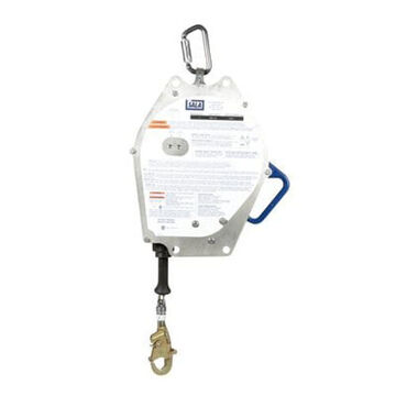 Self-Retracting Lifeline, Aluminum and Stainless Steel Housing, Blue, Gray, 3/16 in x 130 ft, 75 to 310 lb, Carabiner