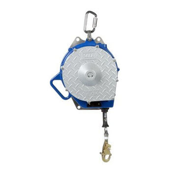 Self-Retracting Lifeline, Aluminum and Stainless Steel Housing, Blue, Gray, 3/16 in x 130 ft, 75 to 310 lb, Carabiner
