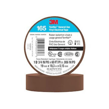 Continuous Roll Electrical Tape, 0.75 in x 60 ft x 6 mil, Rubber Adhesive, PVC, Brown, 600 V, 13 lb/in Tensile Strength, 18 oz/in Adhesion Strength