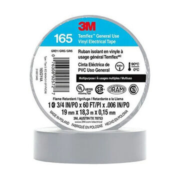 Tape Continuous Roll Electrical, 0.75 In X 60 Ft X 6 Mil, Rubber Adhesive, Pvc, Gray, 600 V