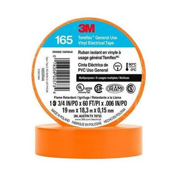 Continuous Roll Electrical Tape, 0.75 in x 60 ft x 6 mil, Rubber Adhesive, PVC, Orange, 600 V, 13 lb/in Tensile Strength, 18 oz/in Adhesion Strength