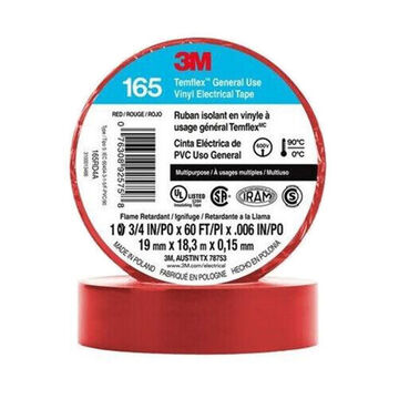 Continuous Roll Electrical Tape, 0.75 in x 60 ft x 6 mil, Rubber Adhesive, PVC, Red, 600 V, 13 lb/in Tensile Strength, 18 oz/in Adhesion Strength