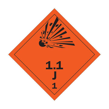 Explosive Placard, 1.1 J 1 Legend, Text, Pictogram Legend Style, Class 1.1 J, Polystyrene, Black Legend, Orange Background, 10.75 in x 10.75 in x 0.02 in, Diamond Shape