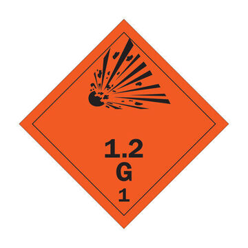 Explosive Placard, 1.2 G 1 Legend, Text, Pictogram Legend Style, Class 1.2 G, Polystyrene, Black Legend, Orange Background, 10.75 in x 10.75 in x 0.02 in, Diamond Shape