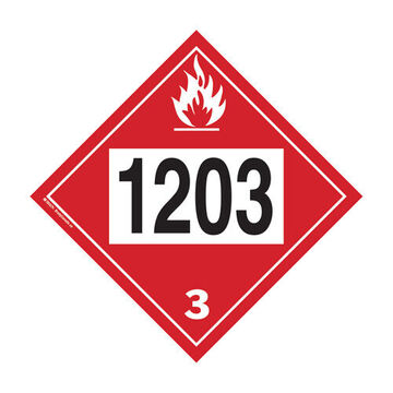 Flammable Liquid-Gasoline/gasohol Placard, 1203 3 Legend, Text, Pictogram Legend Style, Class 3, Vinyl, Red, Black Legend, White Background, 10.75 in x 10.75 in x 0.004 in, Diamond Shape
