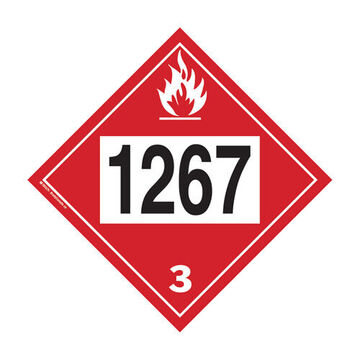 Plaquette de pétrole brut liquide inflammable, 1267 3 légende, texte, style de légende de pictogramme, classe 3, vinyle, rouge, légende noire, fond blanc, 10.75 pouce x 10.75 pouce x 0.004 pouce, forme de diamant