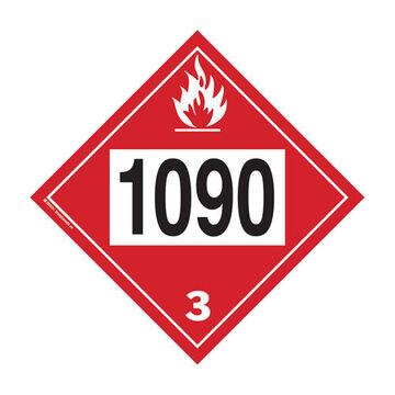 Flammable Liquid-Acetone Placard, 1090 3 Legend, Text, Pictogram Legend Style, Class 3, Polystyrene, Red, Black Legend, White Background, 10.75 in x 10.75 in x 0.02 in, Diamond Shape