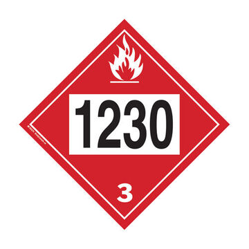 Flammable Liquid-Methanol Placard, 1230 3 Legend, Text, Pictogram Legend Style, Class 3, Polystyrene, Red, Black Legend, White Background, 10.75 in x 10.75 in x 0.02 in, Diamond Shape