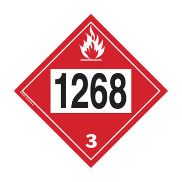 Plaquette de distillats de pétrole liquide inflammable, 1268 3 légende, texte, style de légende de pictogramme, classe 3, polystyrène, rouge, légende noire, fond blanc, 10.75 pouce x 10.75 pouce x 0.02 pouce, forme de diamant