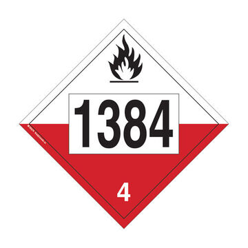 Spontaneously Combustible-Sodium Dithionite Placard, 1384 4 Legend, Text, Pictogram Legend Style, Class 4, Polystyrene, Red, Black Legend, White Background, 10.75 in x 10.75 in x 0.02 in, Diamond Shape