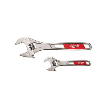 Groove Adjustable Wrench Set, Alloy Steel, 13.5 in lg, Corrosion Resistant yes, Plain Grip, Hang Hoe End, Chrome Plated, Red, Silver