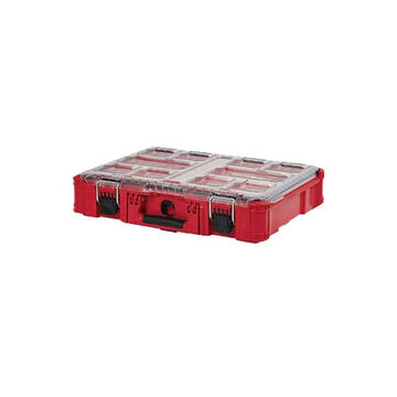 Stackable Organizer, Plastic, 842 cu in, 10 Pockets, Matte, Red, 18 in wd, 3.9 in ht, 12 in dp