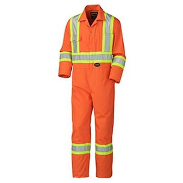 High Visibility Safety Coverall, Size 58, Orange, Cotton, Polyester, 58 in Chest