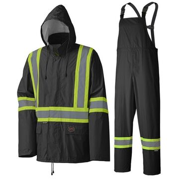 Waterproof Lightweight Safety Rain Suit, Men, Small, Black, Polyester, PVC