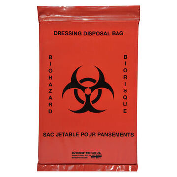 Transport Bag, Biohazard, 6 in wd x 9 in lg, Plastic, Red