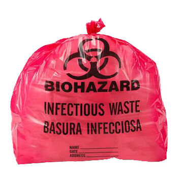 Biohazard Bag, 24 in wd x 23 in ht, 1.2 ml, 7 to 10 gal, Red