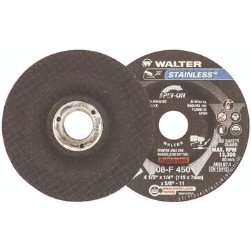 Wheel, Grinding, Spin-on, 13300 Rpm, Aluminum Oxide Abrasive, 4-1/2 In X 1/4 In
